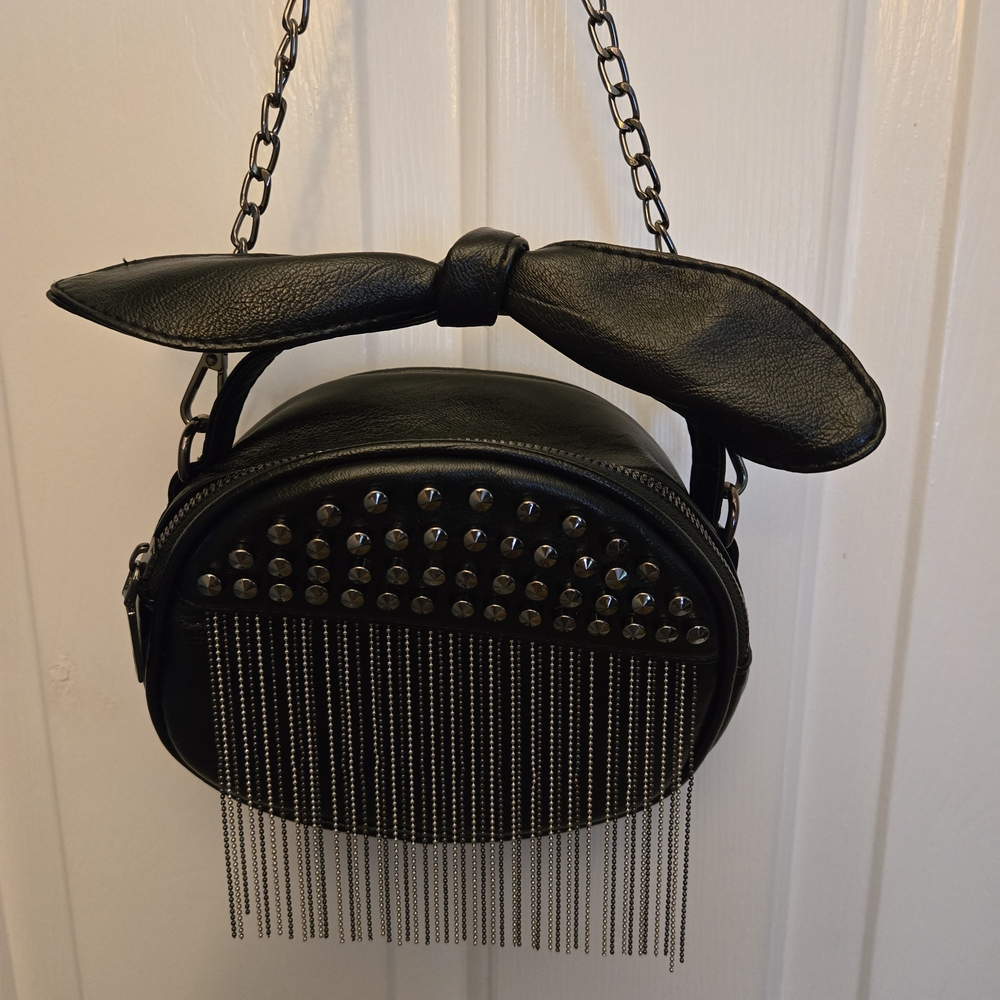 Chic Black Studded Crossbody Bag with Chain Fringe